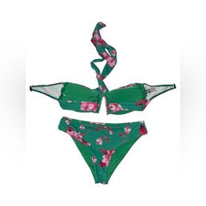 Flax marker Large Green and Pink Floral Bikini two piece tie neck soft padded